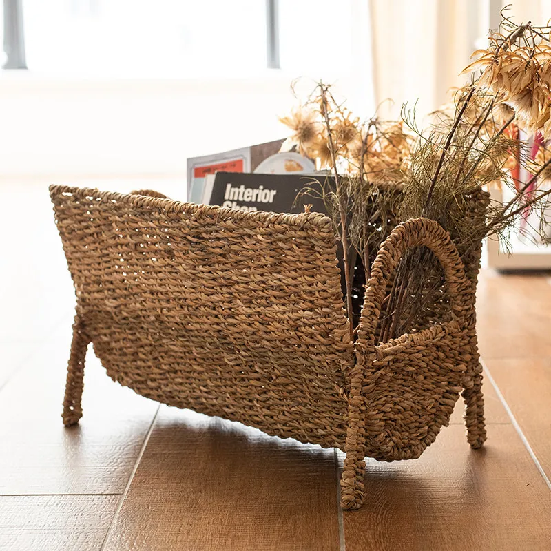 Hand-woven seaweed vertical magazine rack, living room floor-to-ceiling small bookshelf, storage rack