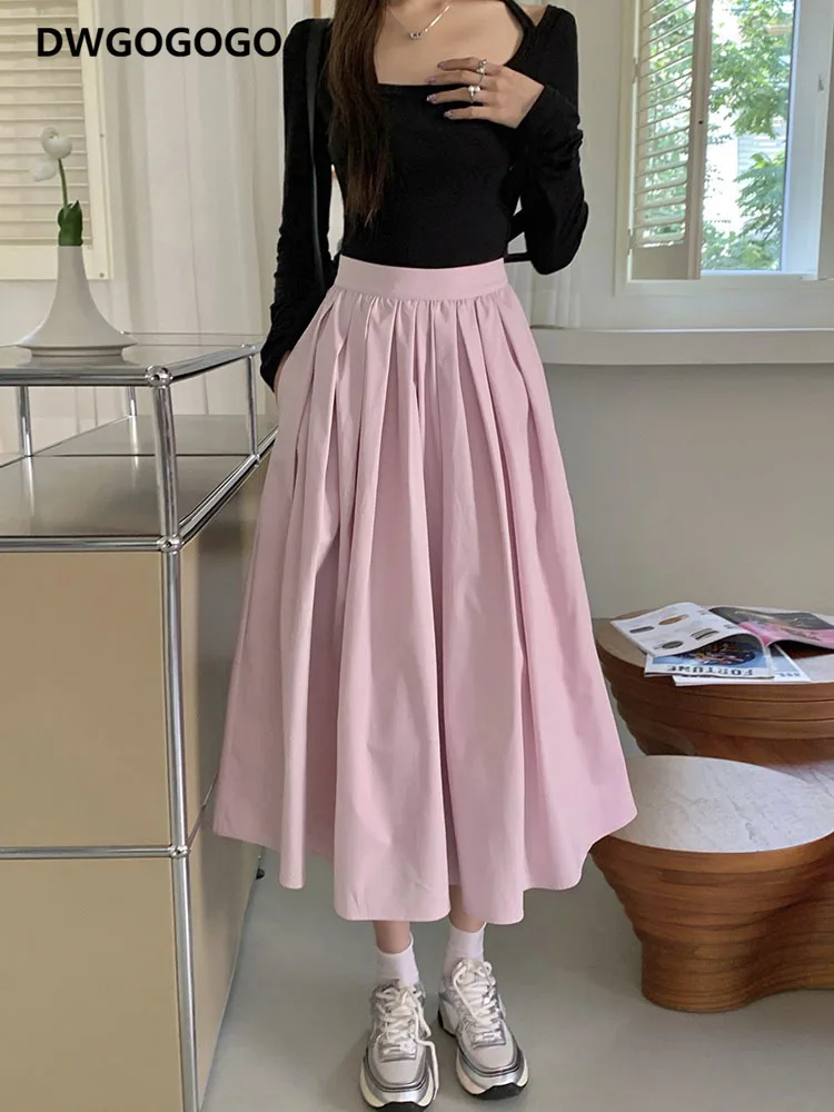 

High Waist Design Pleated Skirt For Women Solid Color A-line Office Lady Loose Skirts 2023 Autumn New