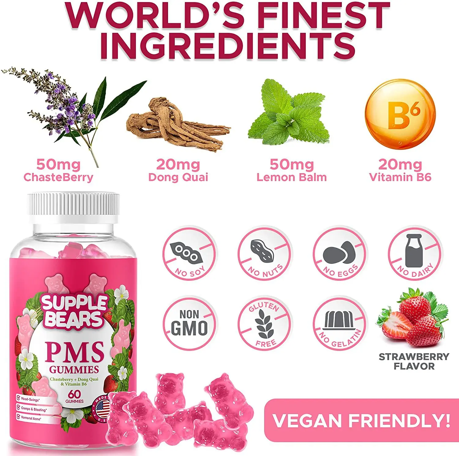 60 pills Feminine Mood Relief Gummies Strawberry Flavor Menstrual Mood Relief Sleep Gummies Vitamin Gummies