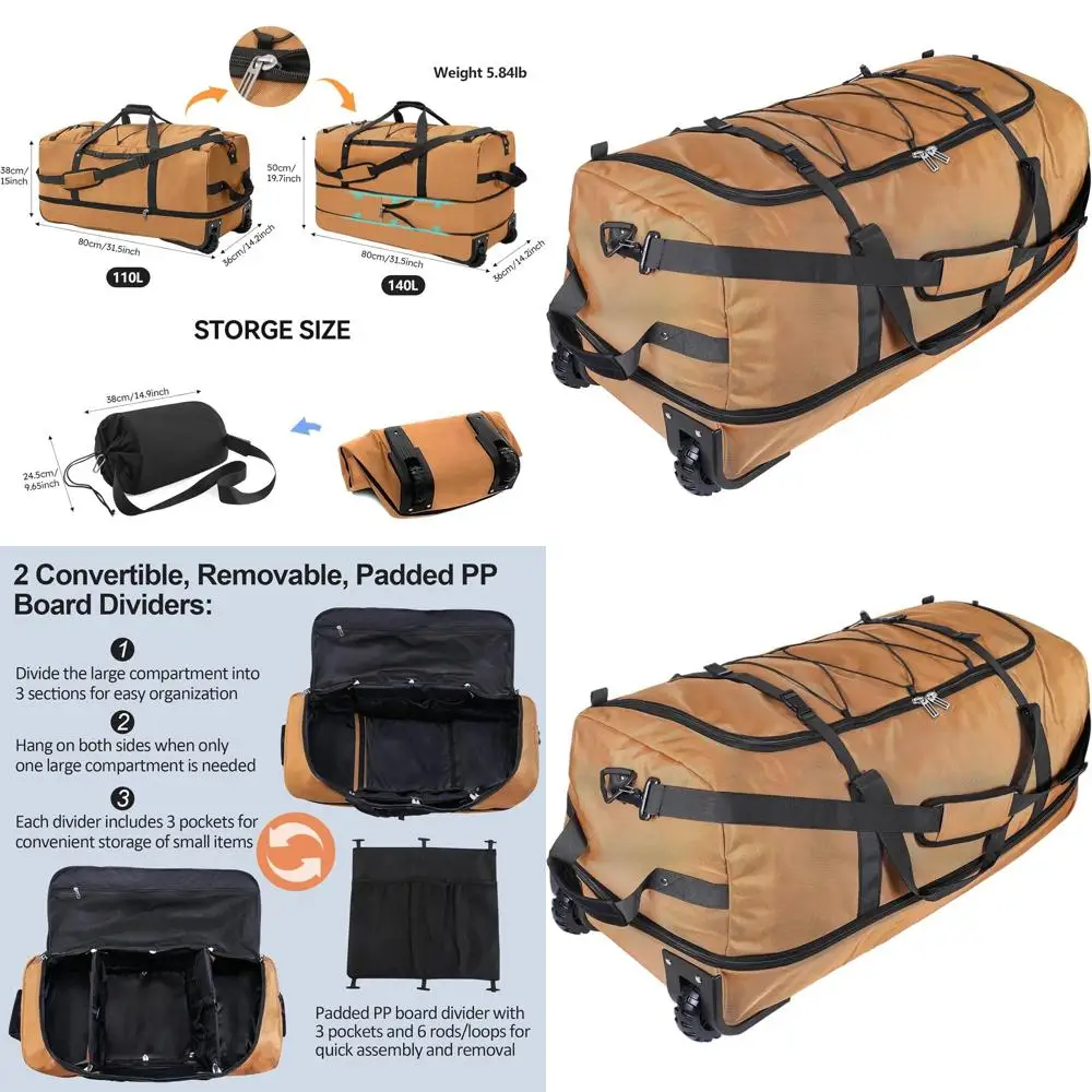 

Expandable 110L/140L Soft-Sided Foldable Duffel Bag with 2 Wheels, 32 Packable Rolling Carry-On Suitcase with Multiple Pockets a