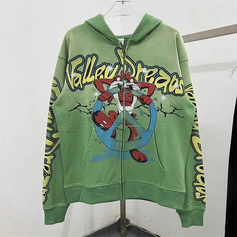 سترات بسحاب مطبوعة برسوم كارتونية من Green Washed VALLEY للرجال والنساء من القطن الخالص بغطاء للرأس كبير الحجم أمريكي عتيق