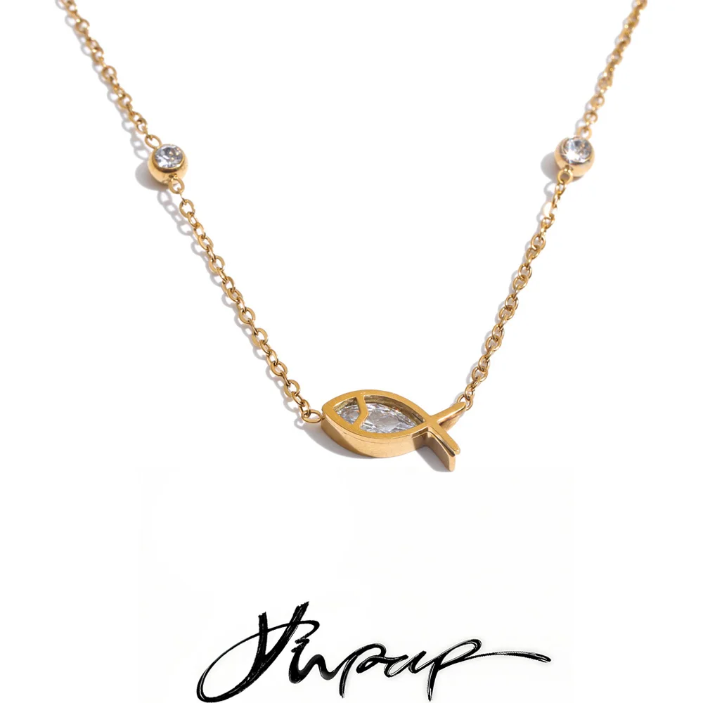 Yhpup Ocean Series Stainless Steel CZ Fish Drop Necklace Summer Vacation Trending Collar Daily Jewelry PVD Plated