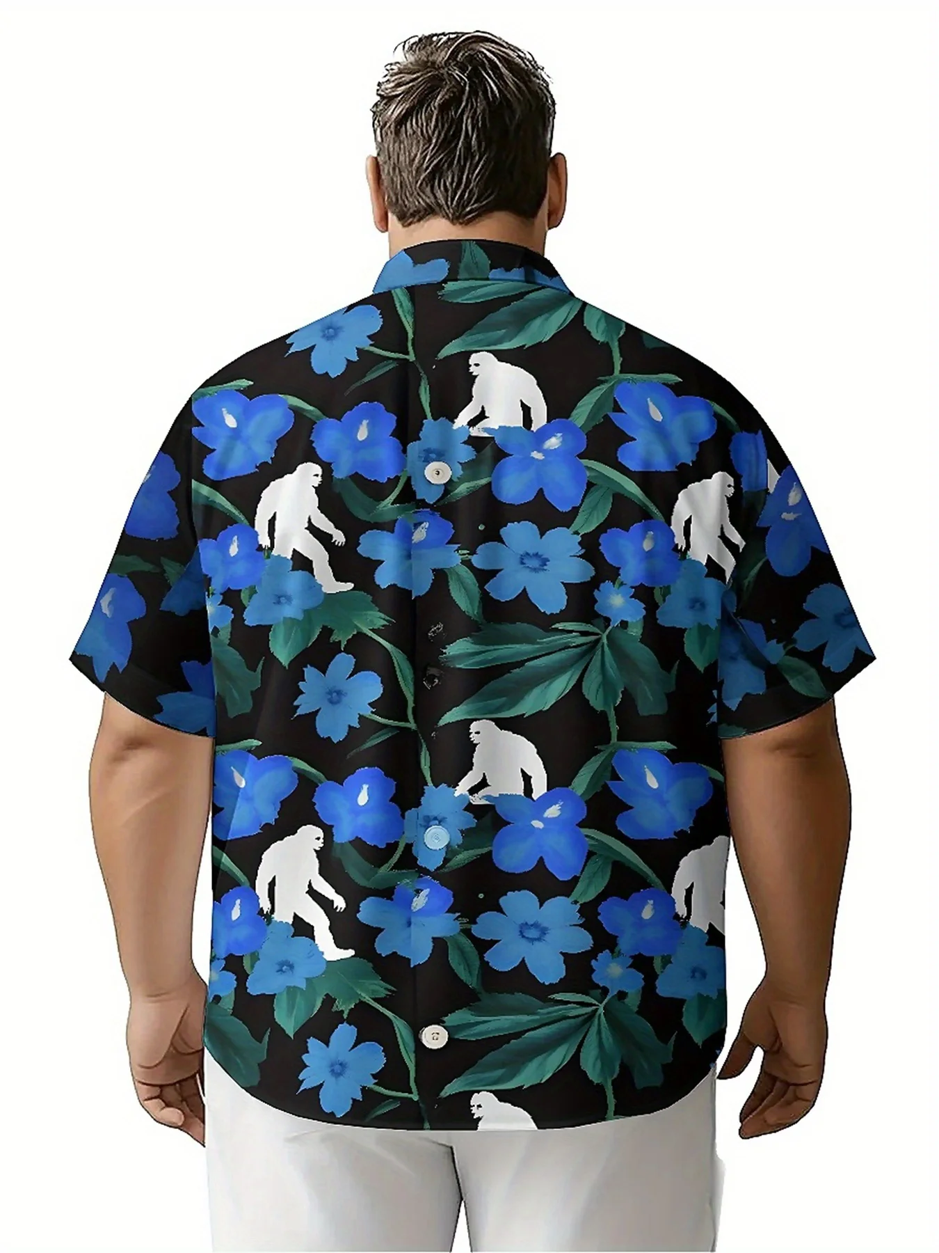 Men's Plus Size Hawaiian Shirts Sasquatch and Blue Flowers pattern,Unisex Baggy Aloha Shirts,summer Alternative Clothing