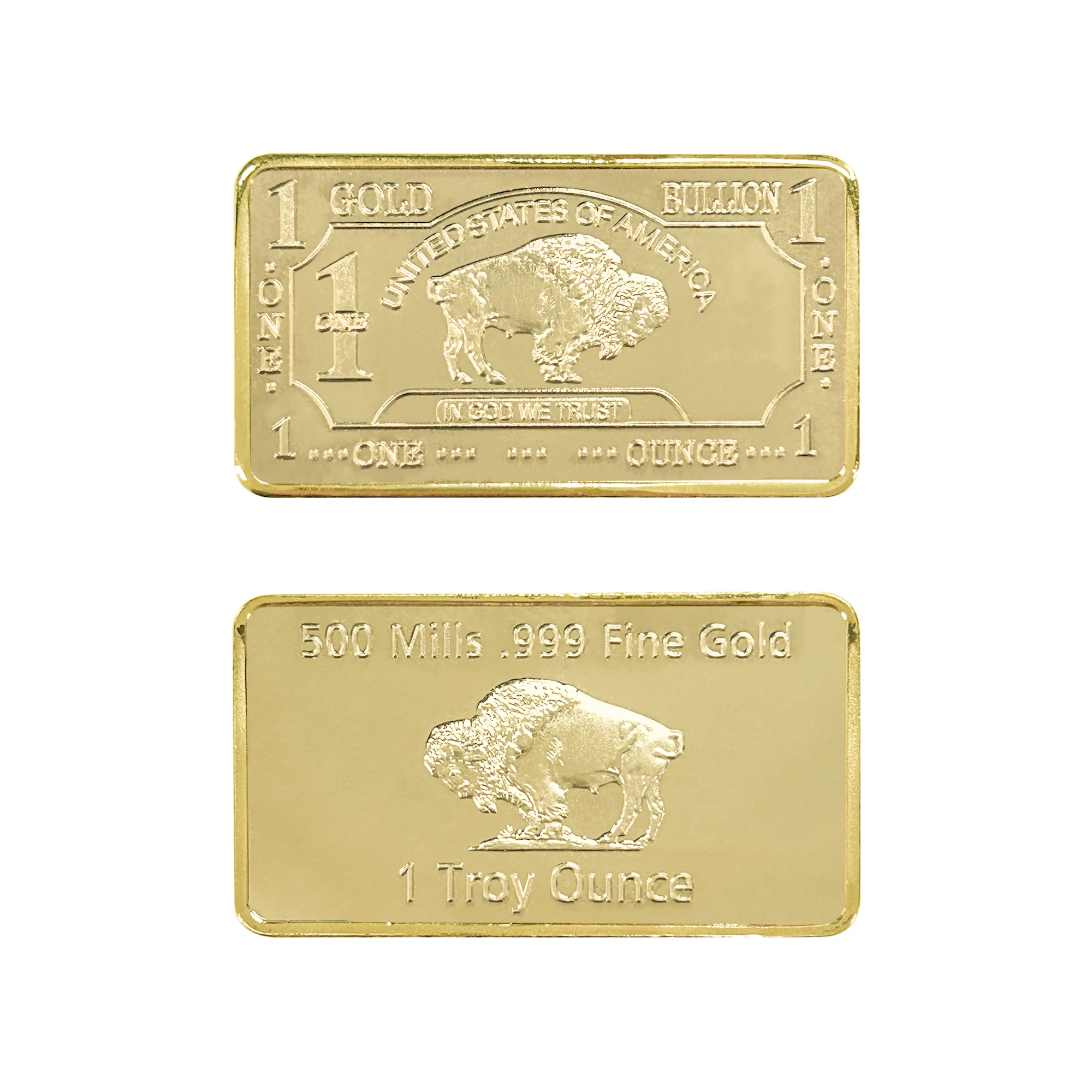 1 Troy Ounce 500 Mills .999 Fine Gold And Fine German Silver.999 Bar Plated With Buffalo PatternBullion Bar For Gifts