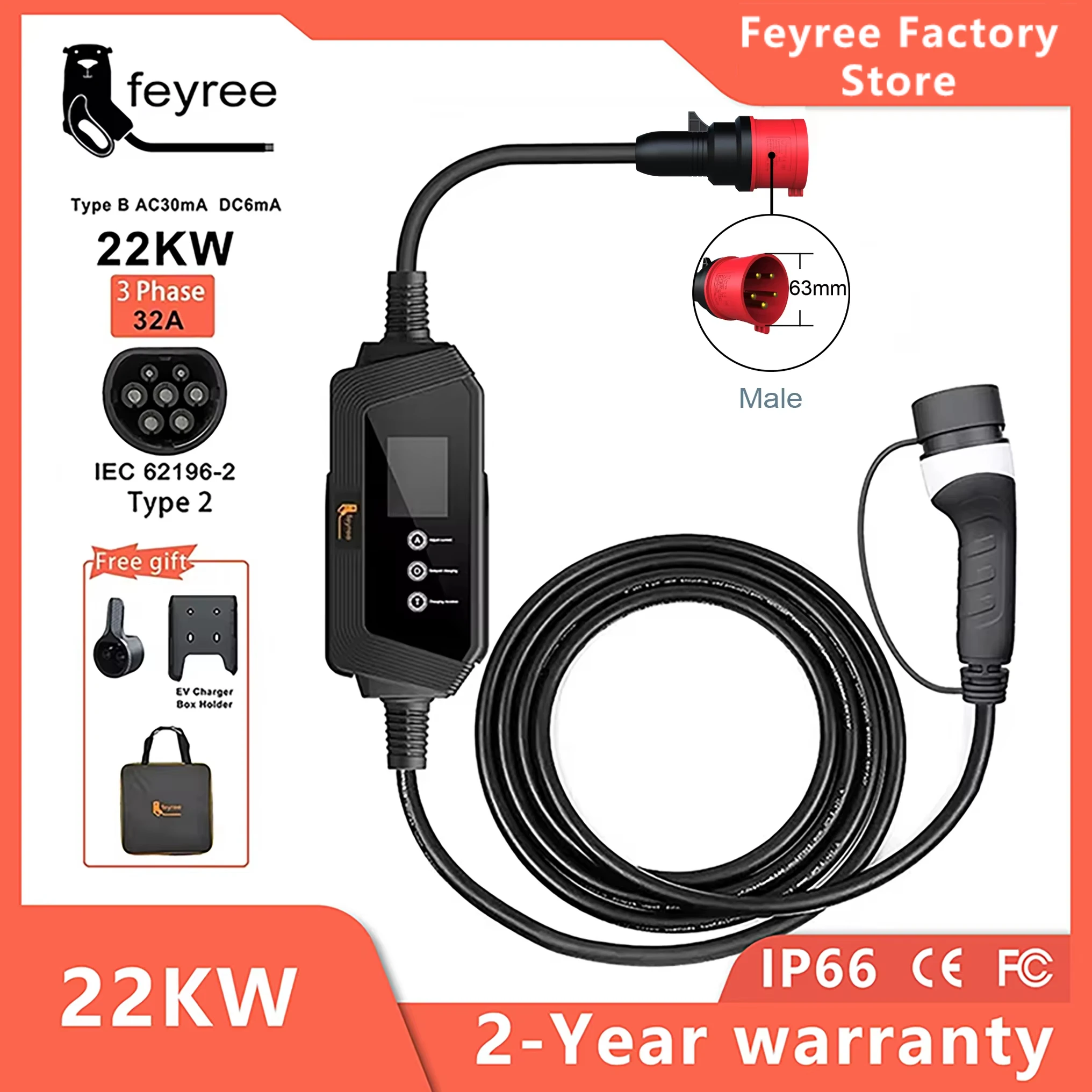 Feyree Type2 EV chargeur 22KW 32A 3 phases EV chargeur EVSE Portable boîte de charge 5m câble avec prise IEC62196-2 pour voiture électrique