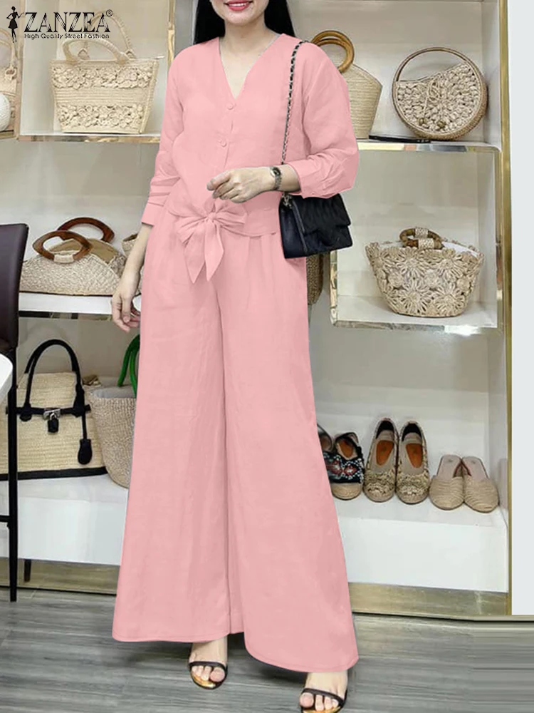 

2025 ZANZEA Women Long Sleeve Blouse Pant Sets Spring Autumn Outfits 2PCS Work Matching Sets Casual Solid OL Tracksuits Oversize