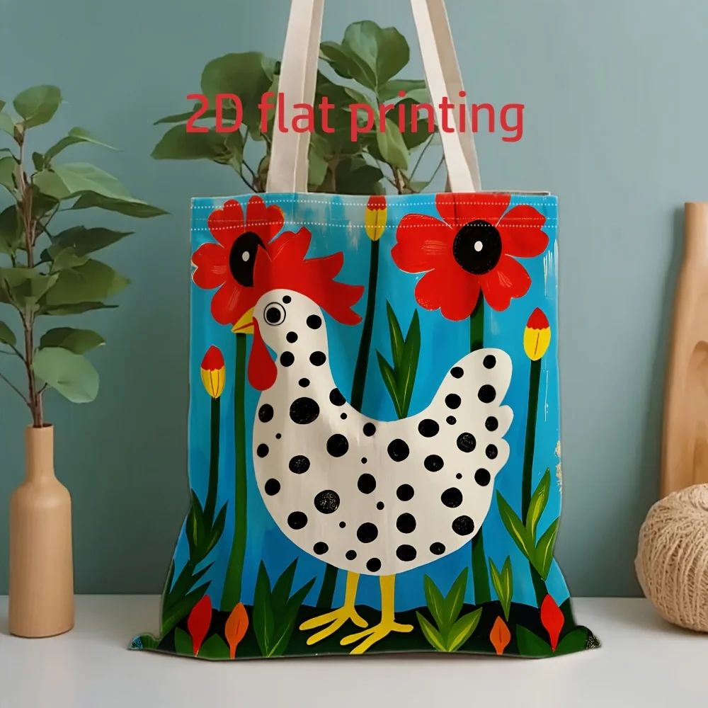 Bolso de mano de lona con estampado de gallo y flores, adecuado para uso diario, compras, escuela y viajes
