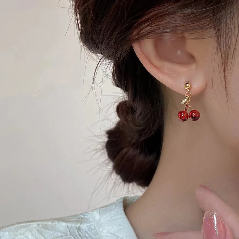 New Cute Simulation Red Cherry earrings Sweet Resin Hot Sale For Women Girl Student Fruit 1Pair Earring Gift QY014