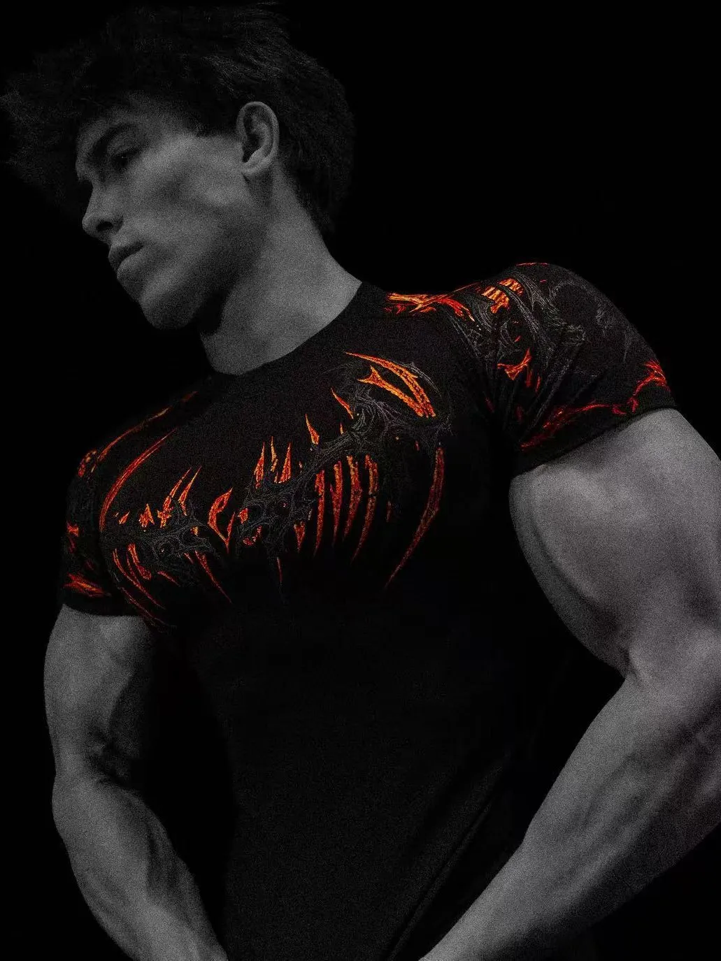 Men Compression Gym T Shirt Devil Flame Back Print Quick Dry Short Sleeve Workout Tee Bodybuilding Fitness Training Sport Tops