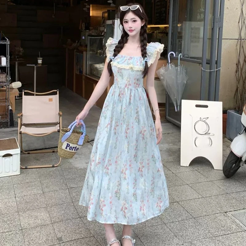 여성 프랑스어 레트로 꽃 스플 라이스 퍼프 슬리브 드레스 2025 여름 새로운 우아한 스퀘어 넥 허리 라인 긴 드레스