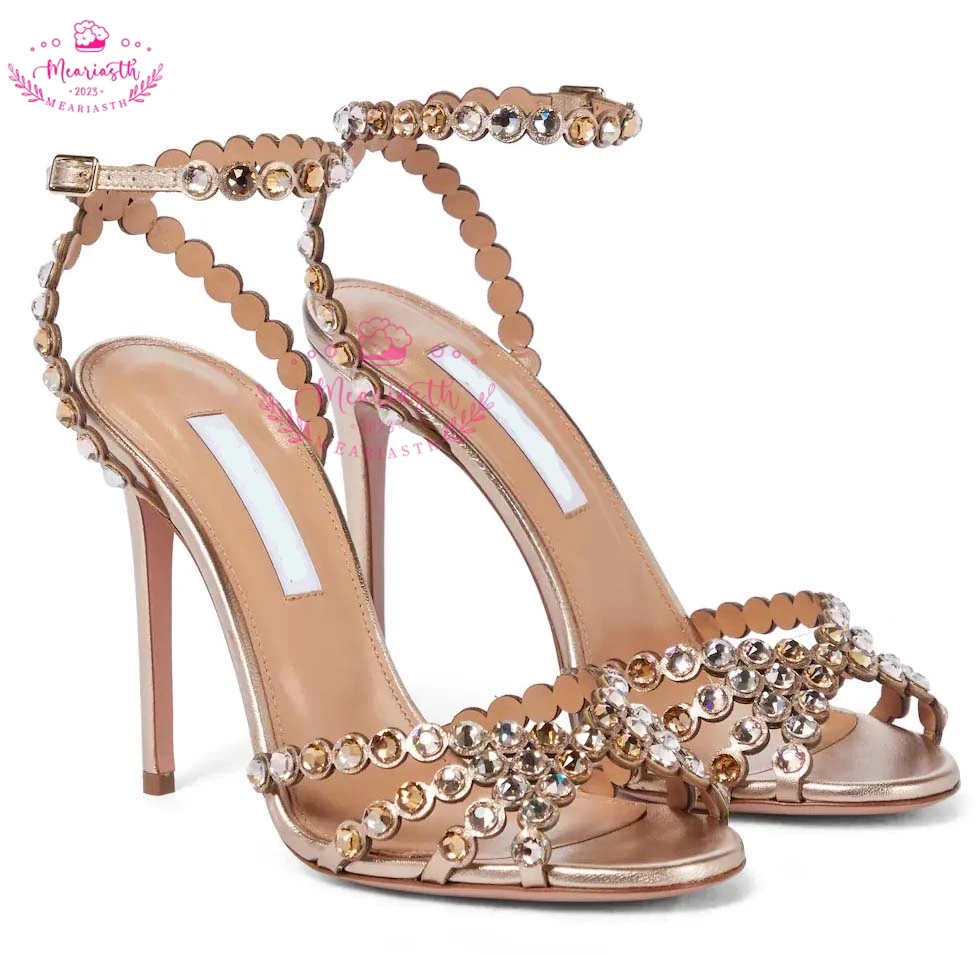 Meariasth Crystal-embellished PVC Sandals Leather Clear Transparent Straps Rhinestone Ankle Strap Party Shoes Large Size 43