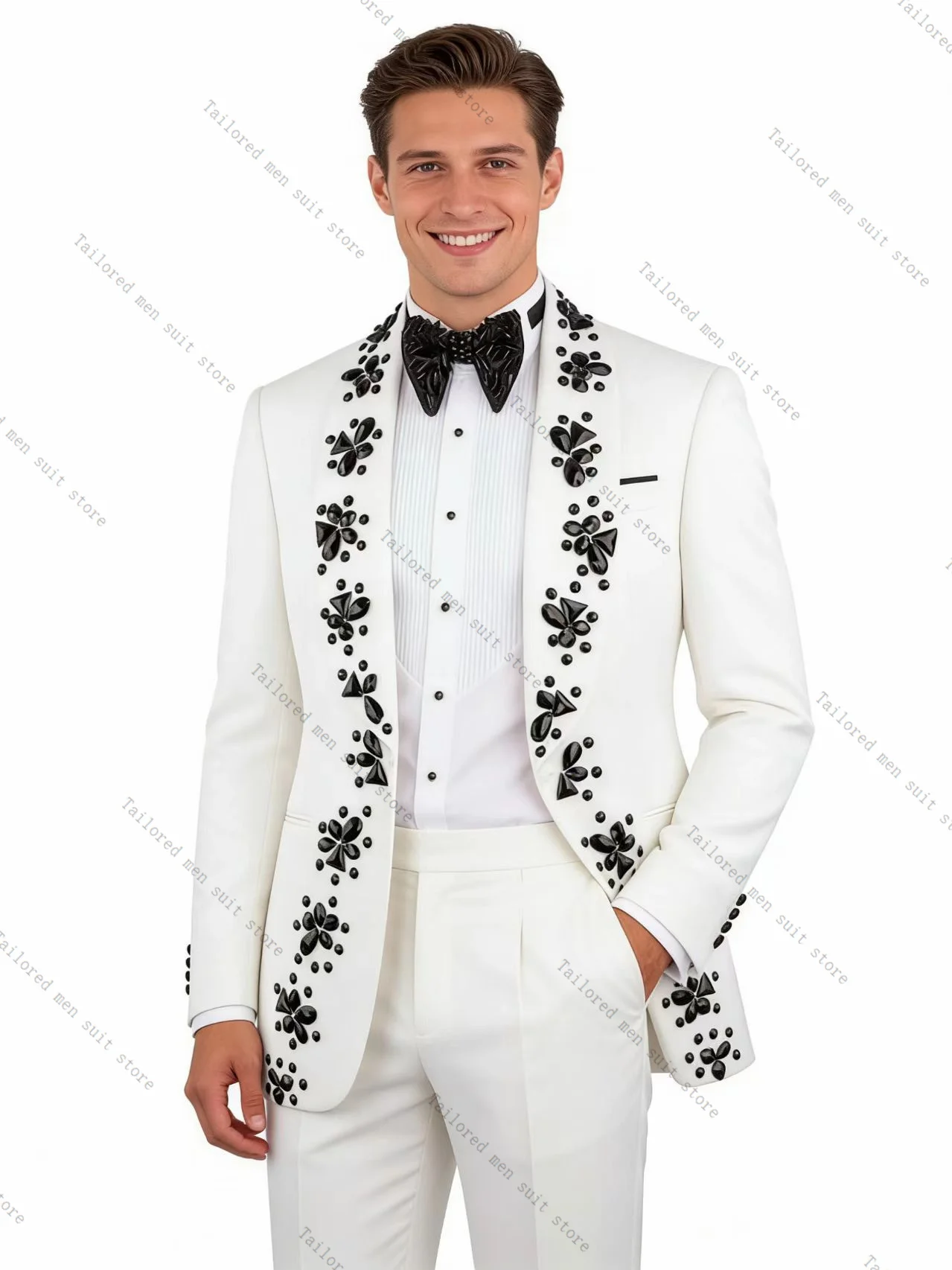 

White Crystals Men Suits Pants Set 2 Pcs Blazer+Cotton Trousers Groom Wedding Tuxedos Jacket Formal Office Business Coat Outfit
