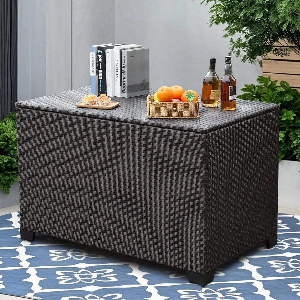 Brown 140 Gallon Wicker Outdoor Storage Box with Waterproof Liner for Patio, Deck, and Cushions