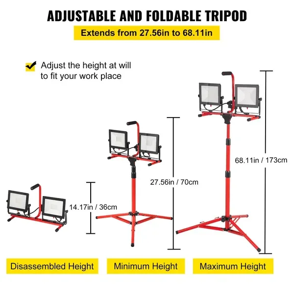 VEVOR Lampe de travail LED avec support, lampe de travail LED à double tête de 20 000 lumens avec trépied réglable et pliable de 27,6 à 68,1', IP6