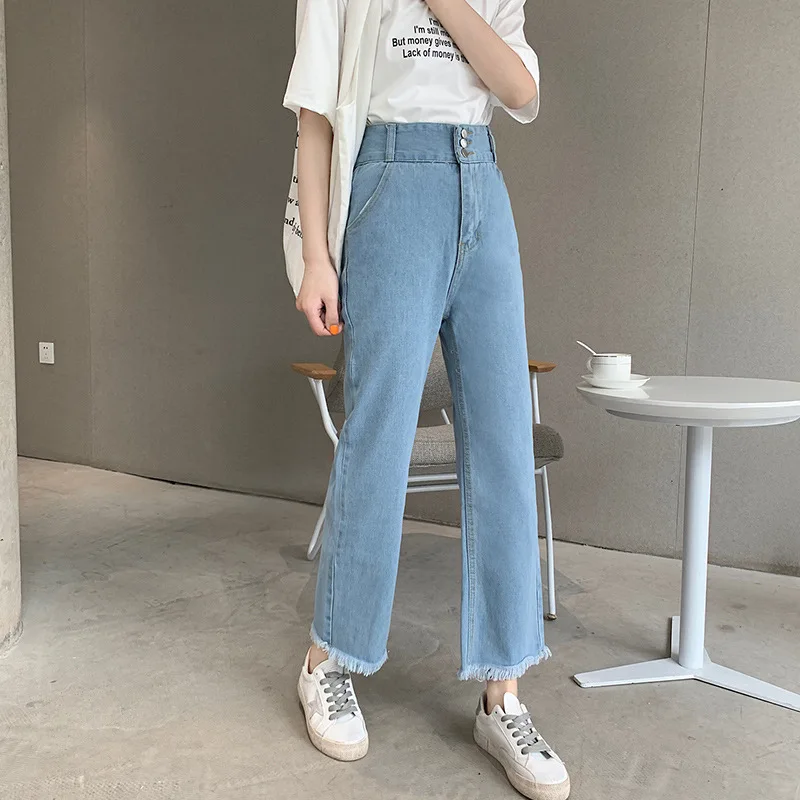 Pants Women 2021 New High Waist Width Legs Jeans Burrs Spring women's Legs Female Leisure Loose Nine Points Trousers WBXNZF03