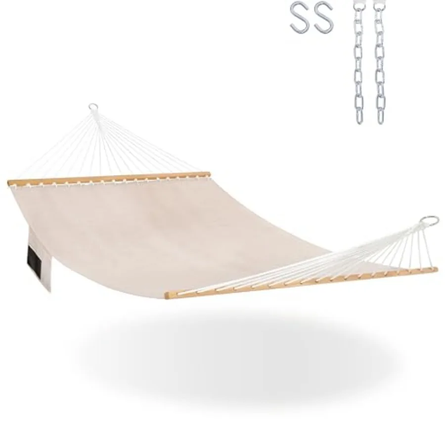 

11 Feet Double Outside Hammock Quick Dry Olefin Fabric Hammock with Spreader Bar and Side Pocket for Outdoor Poolside Backyard