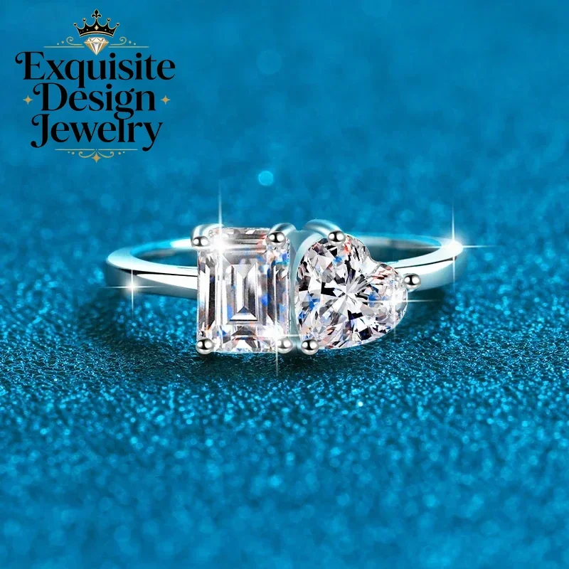 Luxury Square Sugar Love 2 Carat Moissanite Emerald Cut Ring for Women, Platinum Pt950 Temperament Heart Rings Wedding Jewelry
