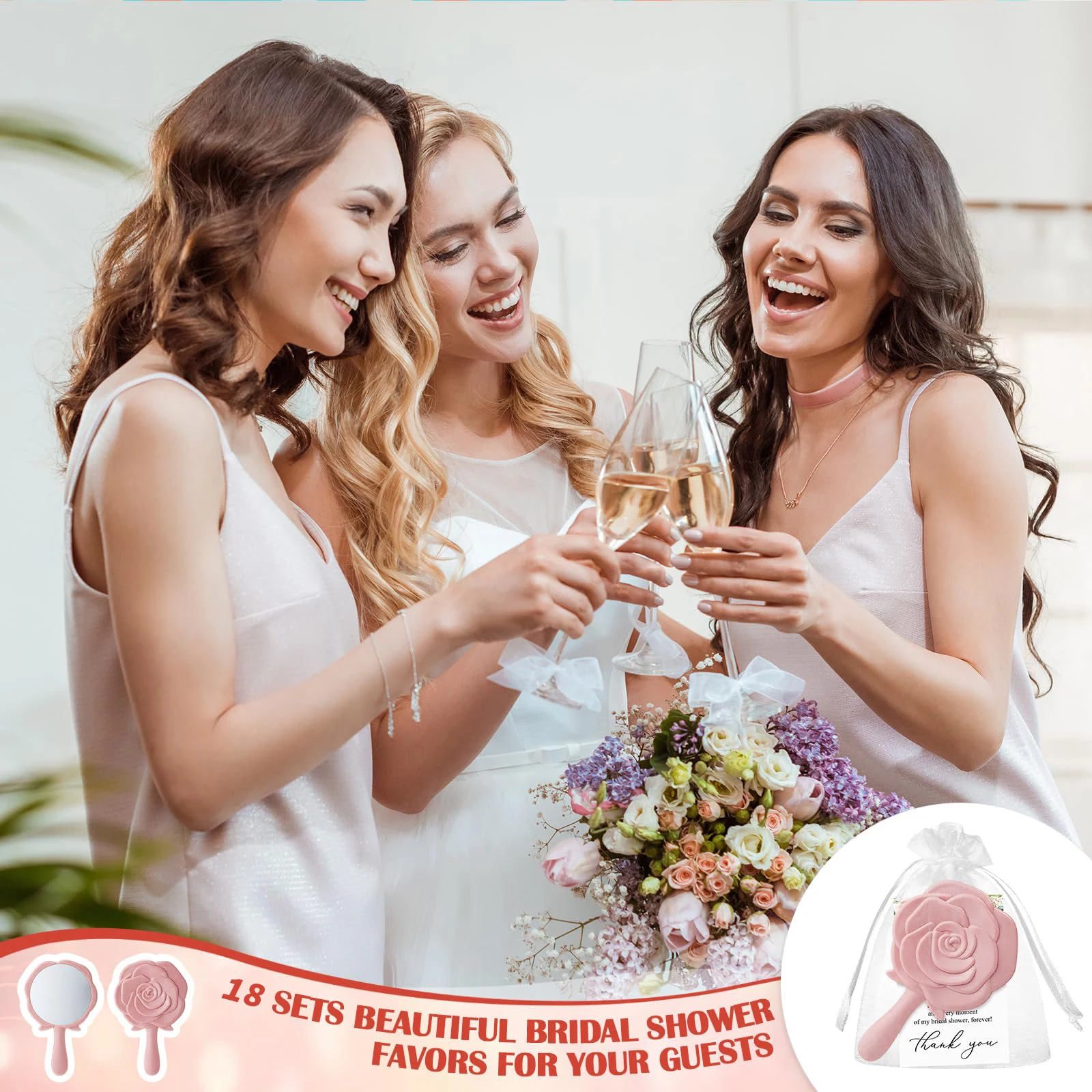 6 Sets Bridal Shower Favors Rose Design Mirrors Plastic Compact Mirrors Bridal Thank You Cards with Organza Bags Wedding Party G