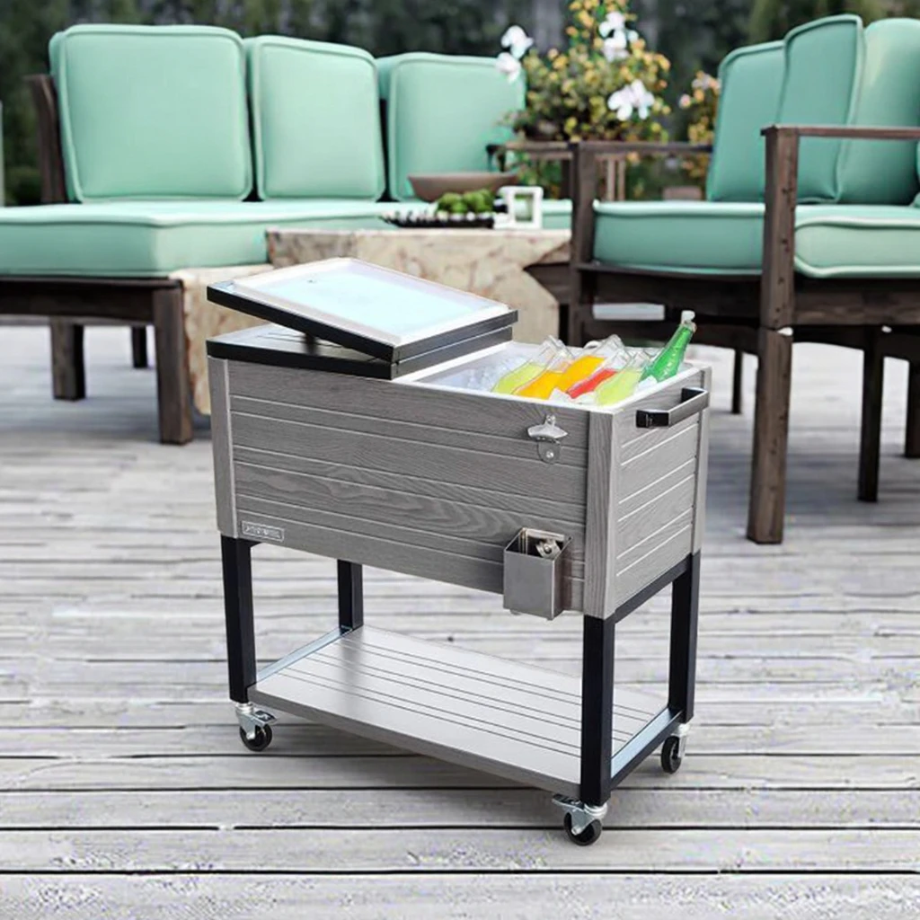 Коммерческая тележка-холодильник 80QT с квадратным деревянным зерном, стальной и железным материалом, витрина для вина, еды, охладитель для патио для покупателя