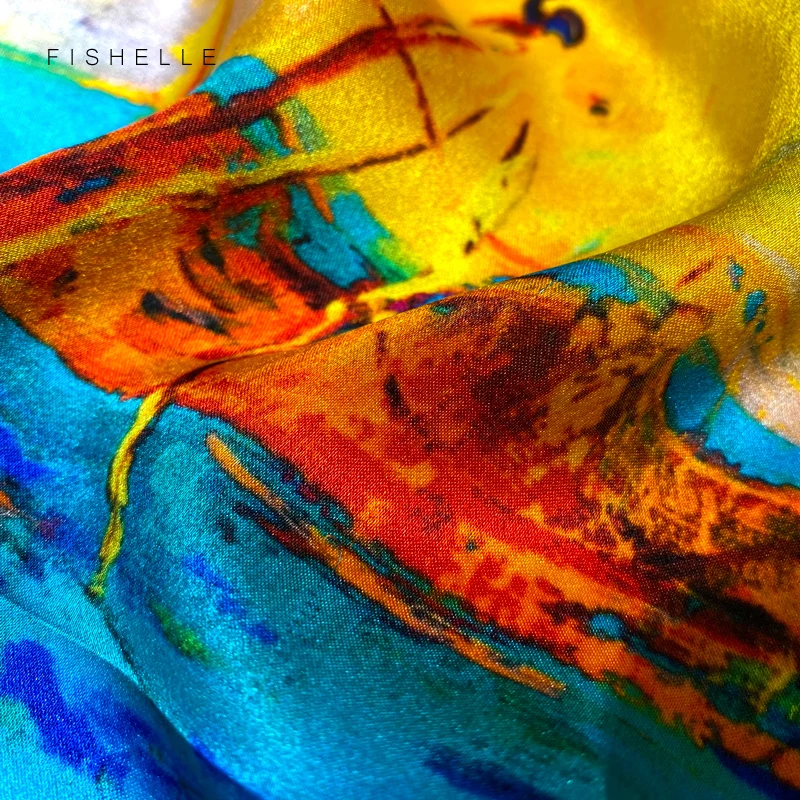 Blue and yellow oil painting natural silk scarves women real silk satin small square 50cm neck scarf thin hijab ladies spring
