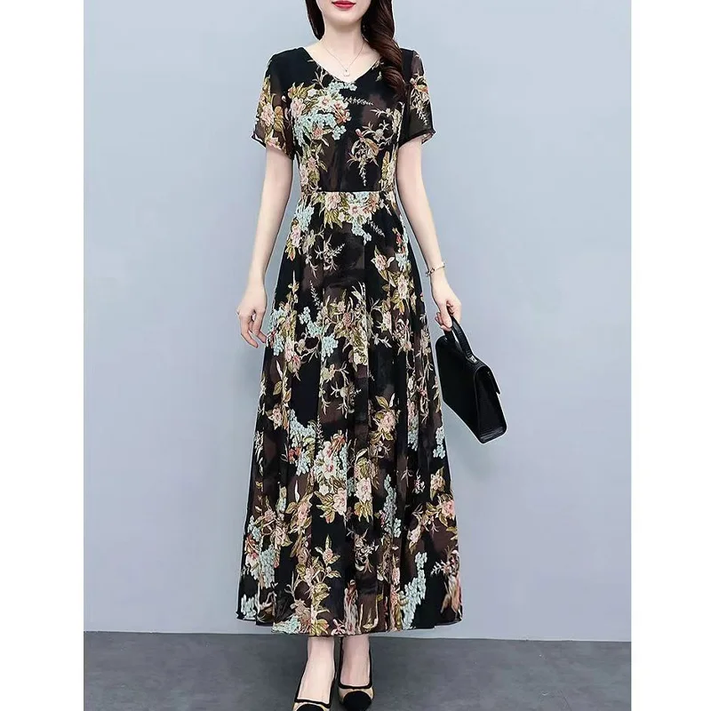 2023 New Summer Fashion Trend Commuting V-neck Exquisite Print Slim Fit Covering Belly Casual Holiday Elegant Long Dress