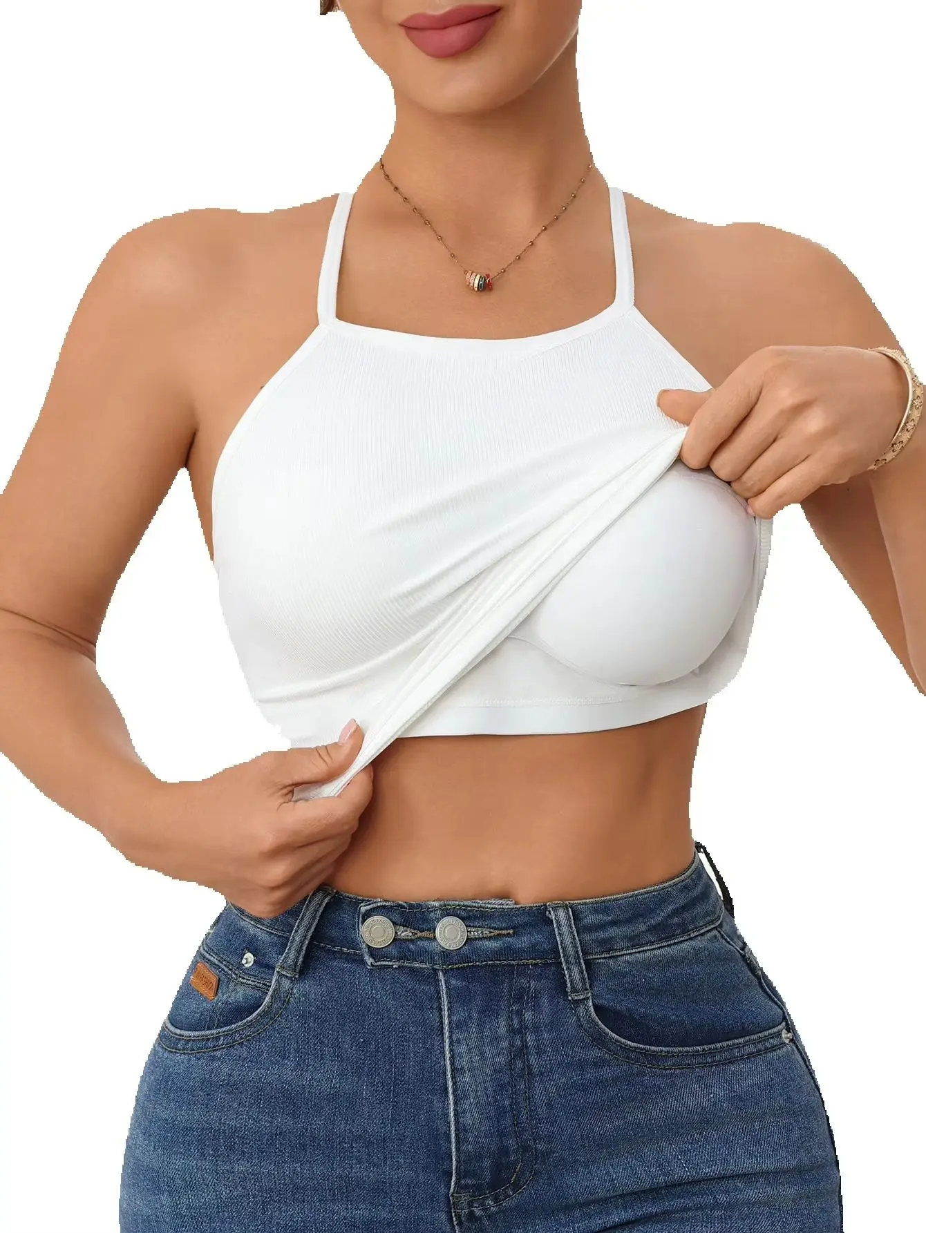 Women's Solid Ribbed Tank Top Wireless Camisole with Built-in Bra Casual Sports Breathable Sleeveless Vest Top