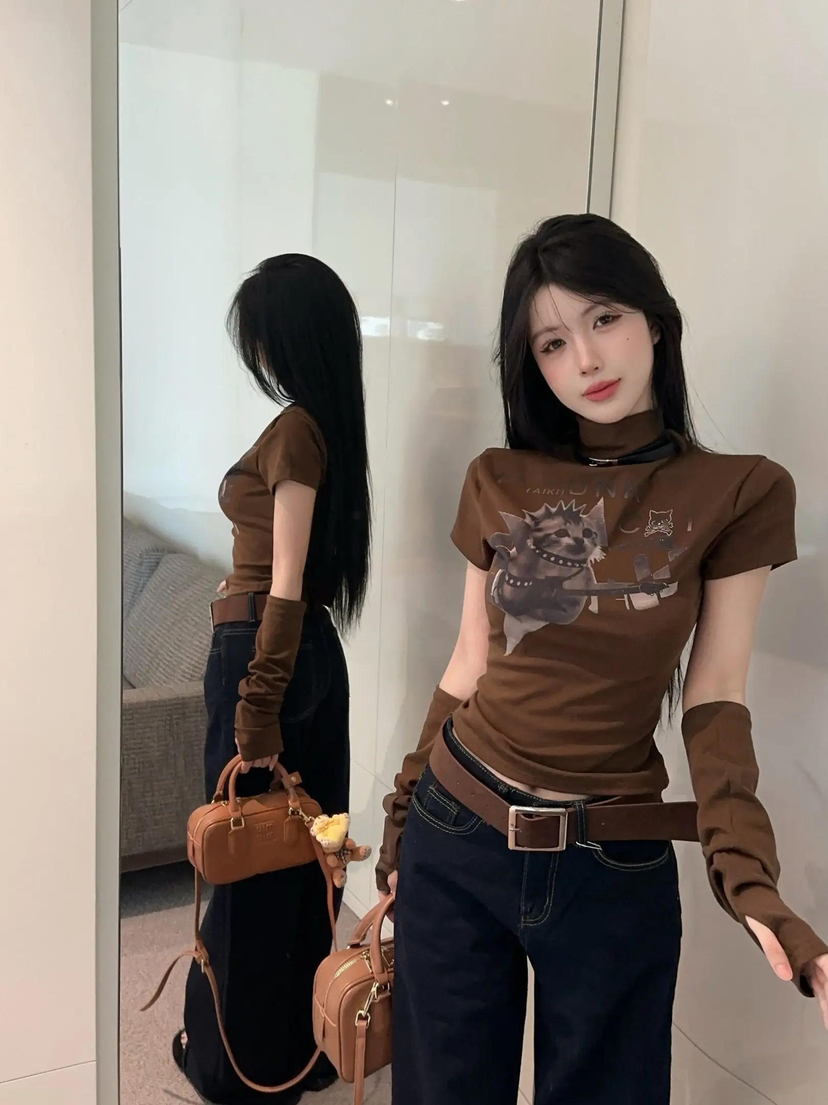 

Женская футболка с высоким воротником, весенняя модная базовая футболка с коротким рукавом, облегающий топ с рукавами-крылышками для повседневной носки