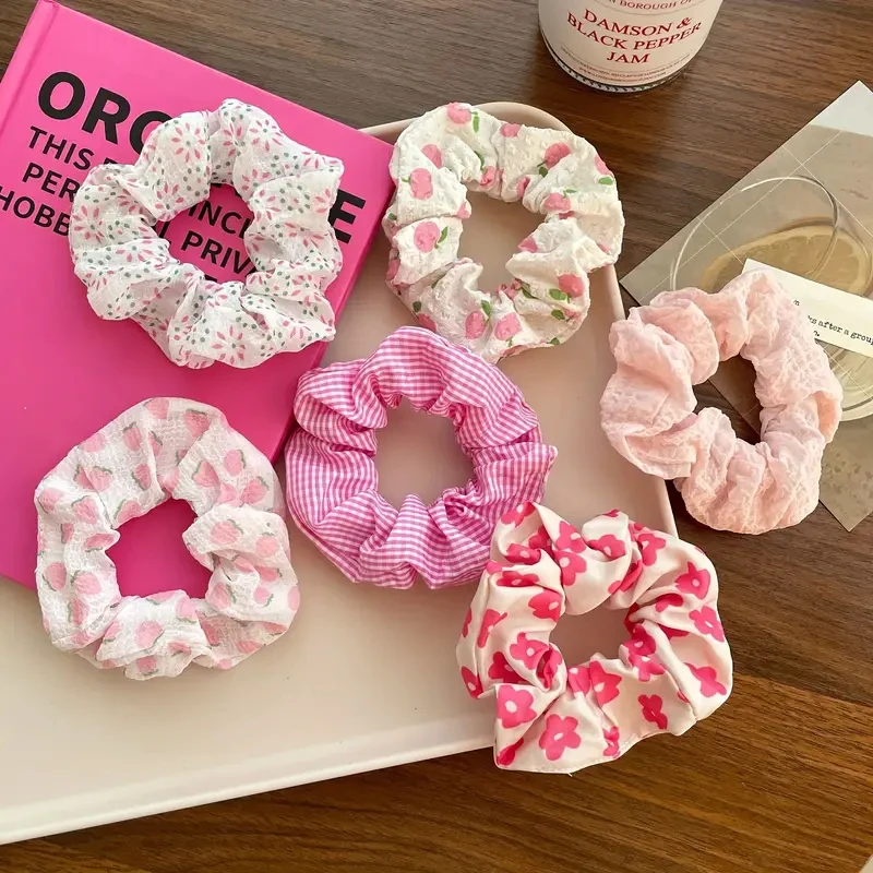 

6pcs/set women's sweet pink peach blossom check large intestine hair ring,fashionable and versatile hair accessory