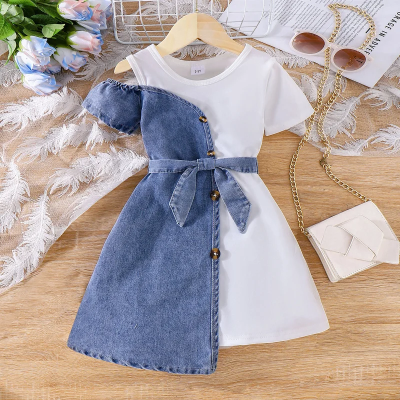 

2026Summer style patchwork denim short-sleeve asymmetrical dress+Two-piece children's clothing with belt