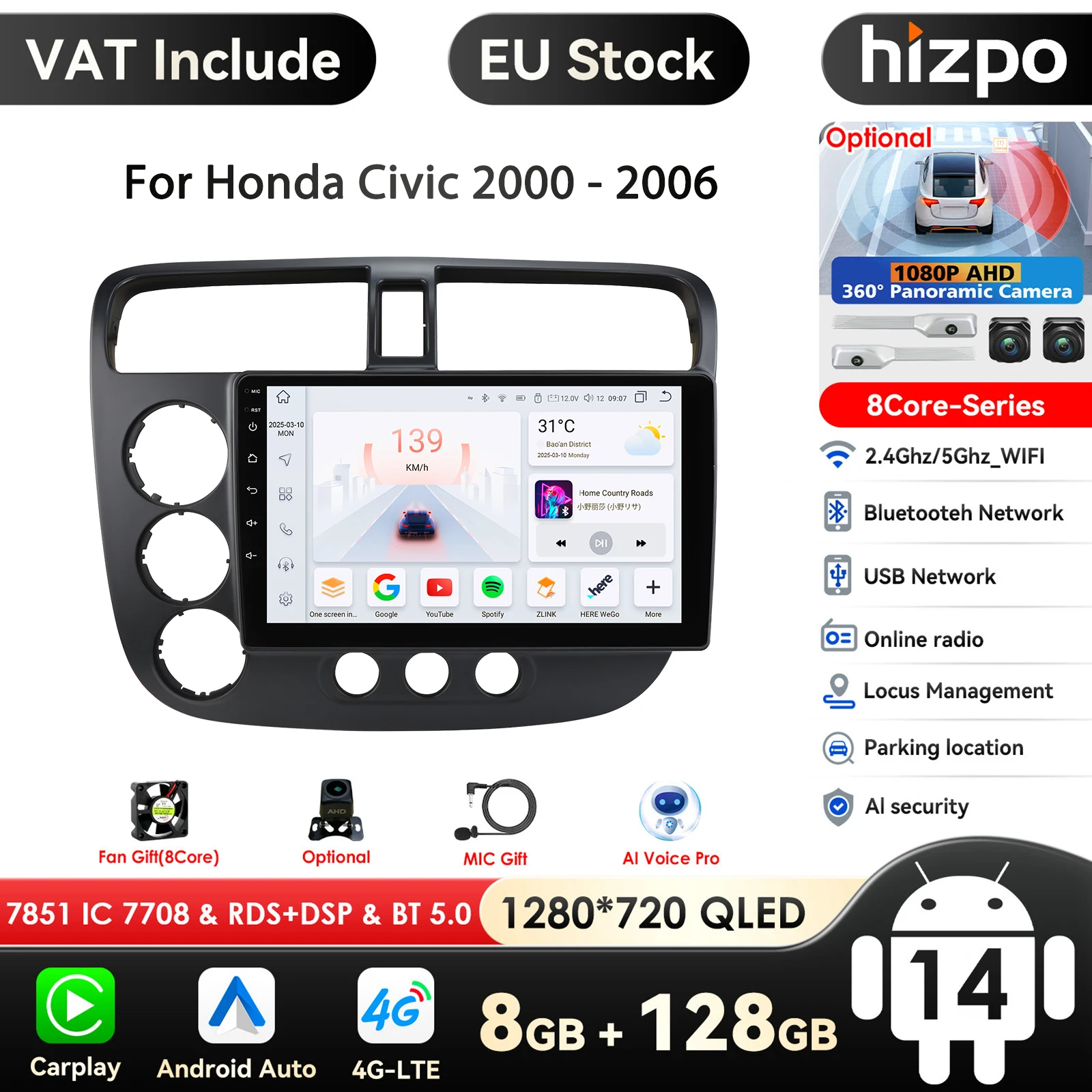 

OSSURET Android Carplay Auto Car Radio Multimedia Player for Honda Civic 7 2000-2006 Navigation Autoradio Stereo 2din HeadUnit