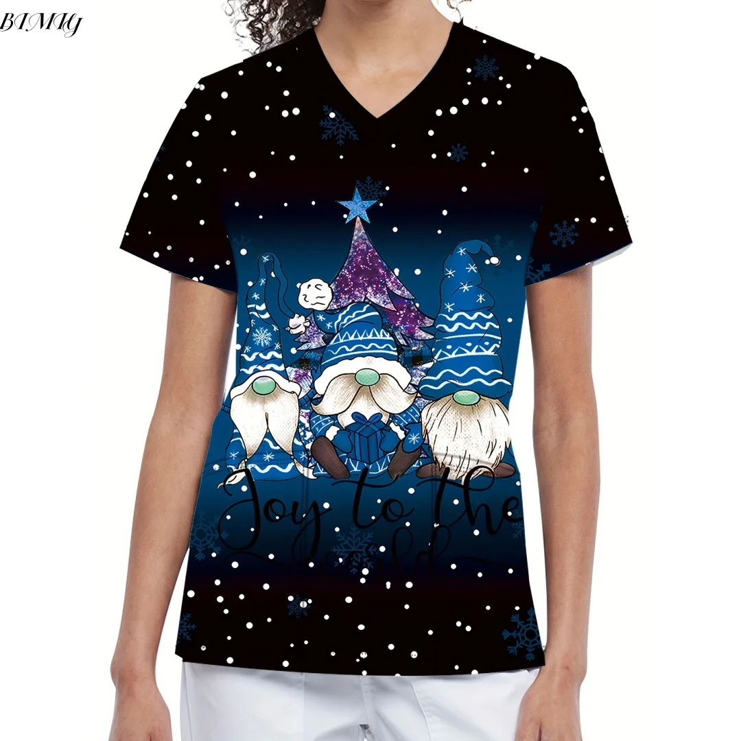 Haut de gommage à manches courtes imprimé nain pour Thanksgiving, col en v, avec poches, pour médecin, infirmière, médecin, dentiste, vêtements de travail pour femmes