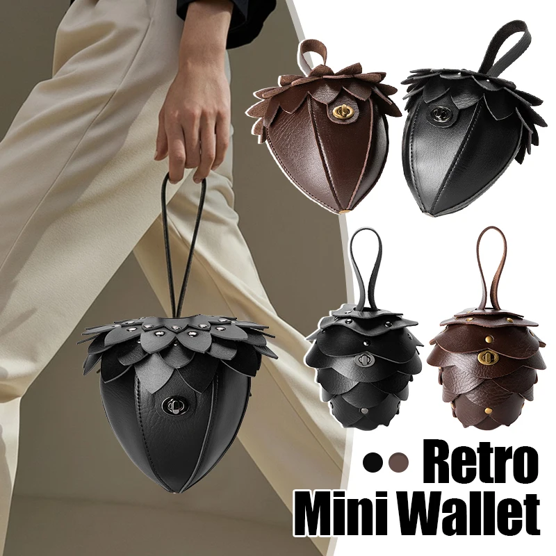 Medieval Retro Mini Coin Purse Strawberry Pinecone Shape Coin Wallet Personality Waist Bag PU Leather Lipstick Coin Pouch