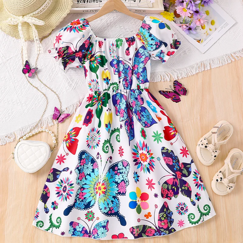 

2025 Summer Girls' Colorful Butterfly Short-Sleeve Dresses for Mid-Large Kids