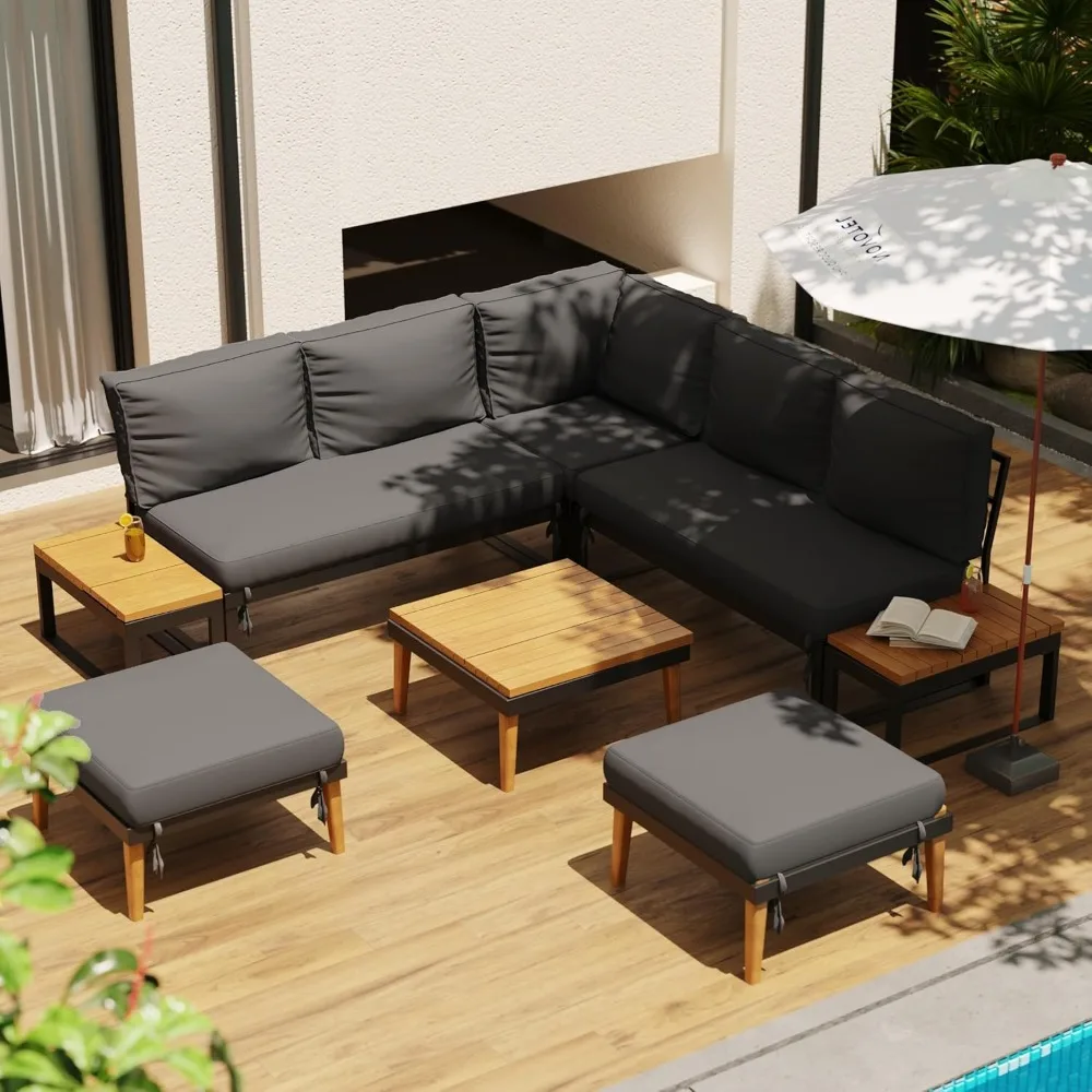 

8 Pieces Patio Furniture Set, Outdoor Sectional Sofa Couch with Acacia Wood Coffee Table&Side Table,Modern Metal Outside Conver