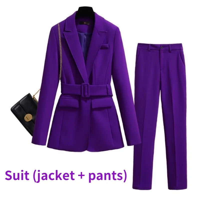 Purple Long Suit Jacket and Trousers 2-piece Belt Women's Spring and Autumn 2024 New Waist Set High Fashion Temperament Suit