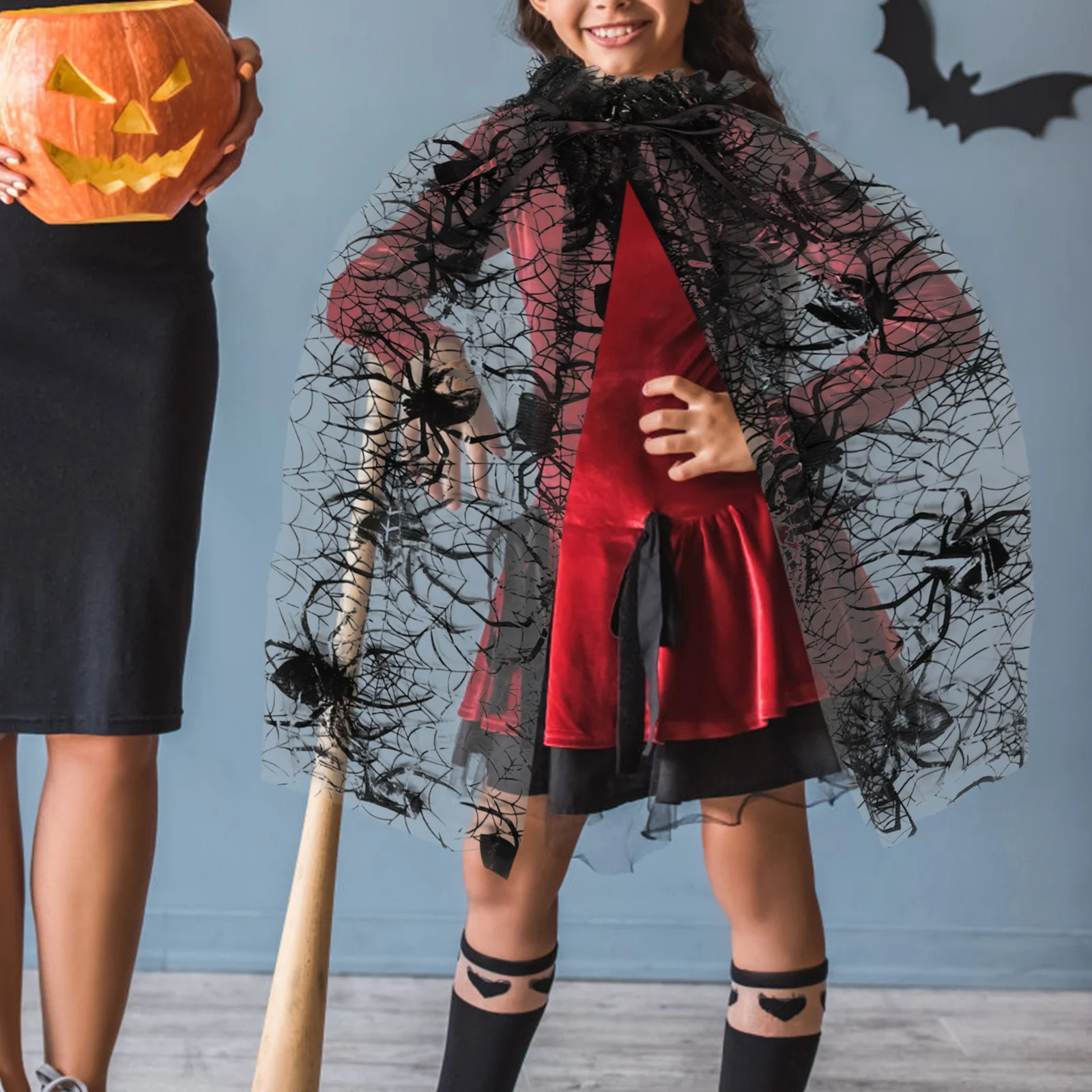 Płaszcz na Halloween dla dziewczynki, poliester, pajęczyna, peleryna pająka, kostium na imprezę Halloween, przebranie cosplay, peleryna pająka, kostium.