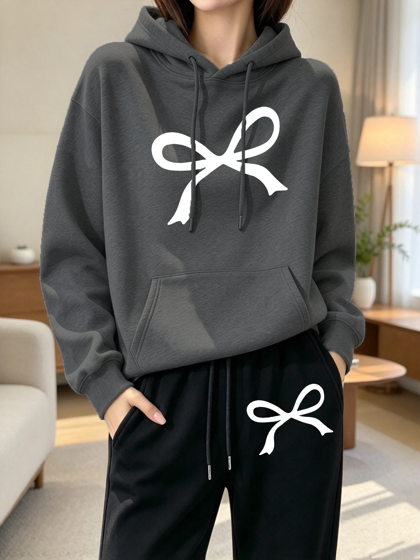 Creative Kawaii Bow Design Y2K Women'S Hoodie Set Autumn Drawstring Sportswear Fleece Pullover Casual Loose Female Sweatpants view 3