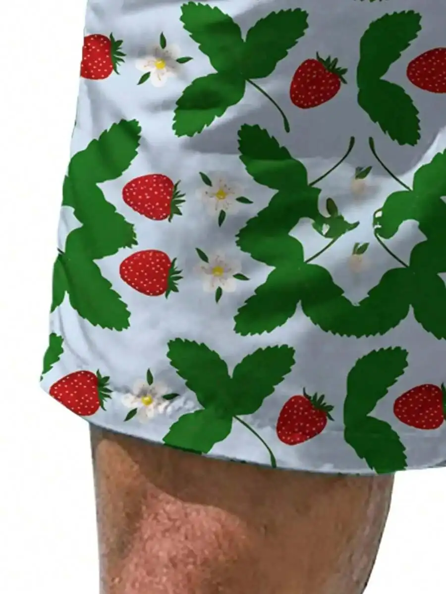 Bañador ligero de secado rápido para hombre con estampado 3D vibrante de fresas y hojas, tela suave y cómoda para el verano