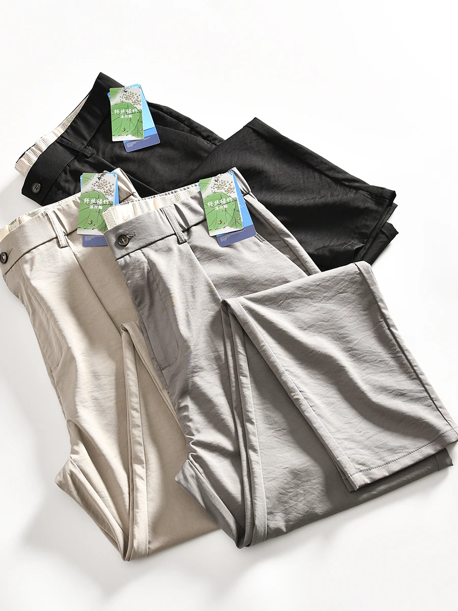 Ice Silk Cotton Men's Business Casual Pants Straight Leg Lightweight Textured Single Pleat Design Sweat Absorbent Breathable