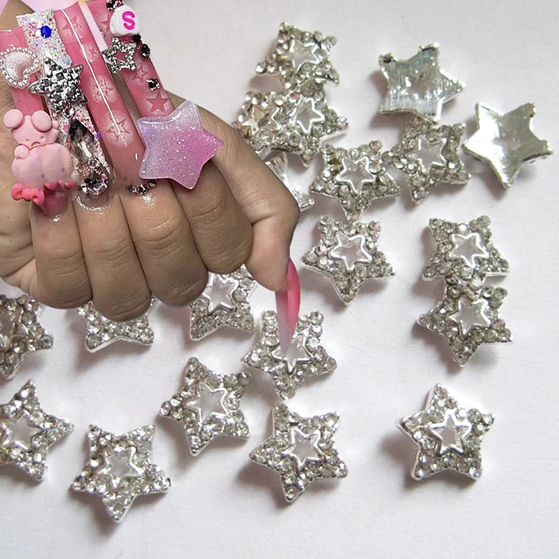 10Pcs Hollow Star 3D Nail Art Charms Gold/Silver Metal Five-pointed Star Glitter Rhinestones Luxury Star Manicure Decoration &*&