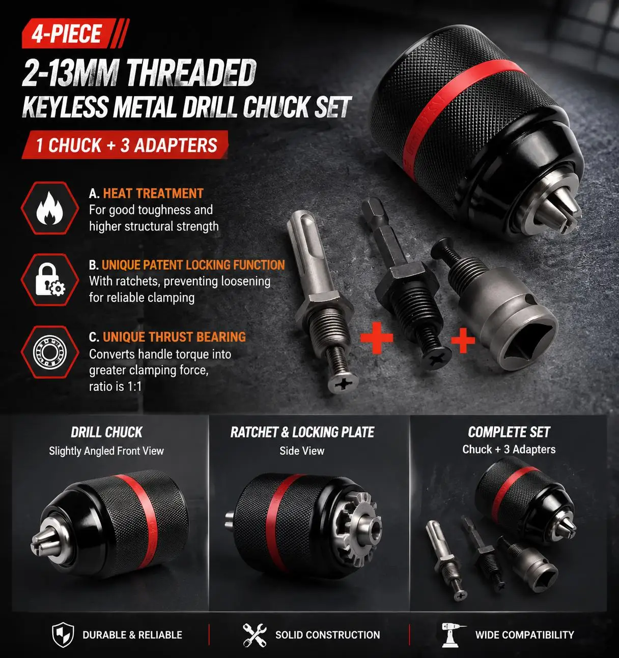 4 Piece Keyless Drill Chuck Set 2 to 13 mm with One Quarter Inch Hex Shank and SDS Plus Square Drive Adapter for Impact Drivers and Drills High Torque Power Tool Accessories Kit for Metal Wood Plastic Drilling Tasks