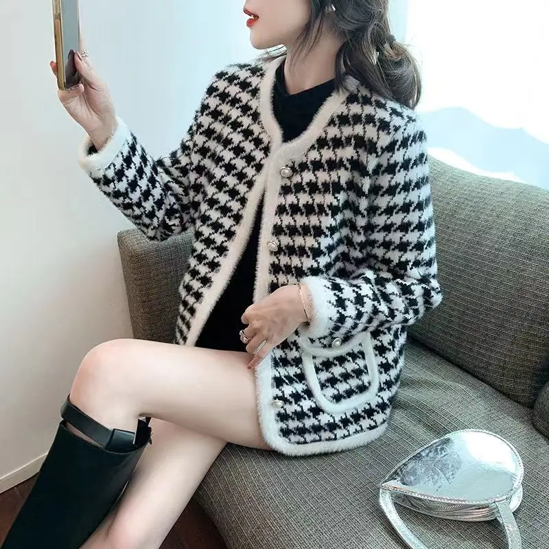 Winter Fashion Women\'s Thousand Bird Checker V-Neck Knitted Cardigan Autumn Loose Casual Versatile Comfortable Knitted Top