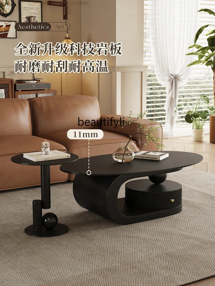 French retro style coffee table oval rock slab with drawers modern simple light luxury household small apartment coffee table