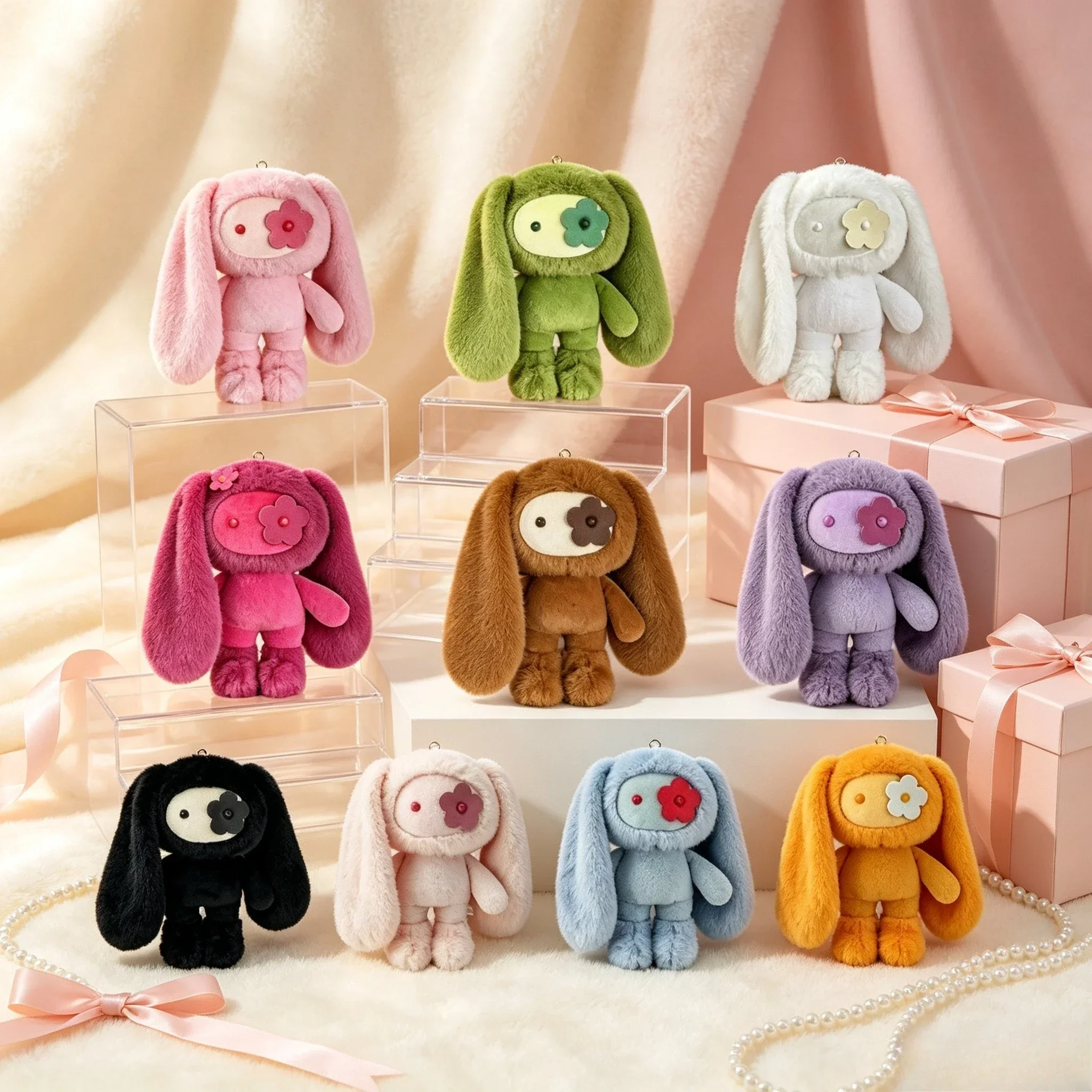 Niedlicher Juju-Kaninchen-Plüsch-Schlüsselanhänger, Blumenauge-Häschen, Stoffpuppe, Kawaii Langohren-Tierchen, Taschenanhänger, Autoschlüsselanhänger, Spielzeug, Geschenk für Mädchen – Detail 4