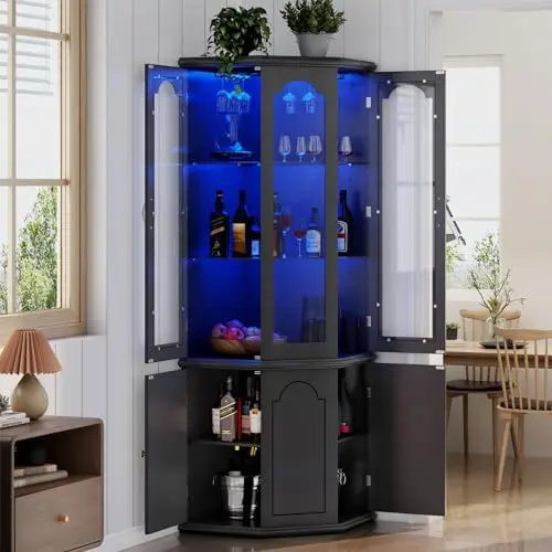 Corner Bar Cabinet w/LED Lights, Tall Modern Wine Cabinet with Tempered Glass Door & Adjustable Shelves, Home Bar