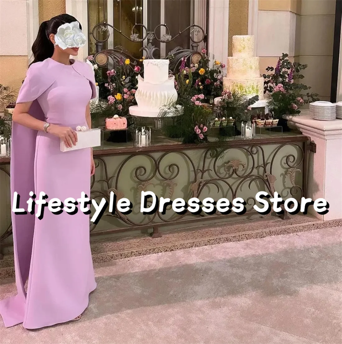 Customized Lavender Mermaid Evening Dresses 2024 Short Sleeves Long Cape Wedding Prom Gowns Formal 피로연드레스