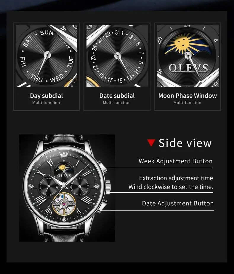 OLEVS 9912 Hollow Automatic Watch for Men Fashion Leather Strap Waterproof Moon Phase Skeleton Flywheel Mechanical Mens Watch es