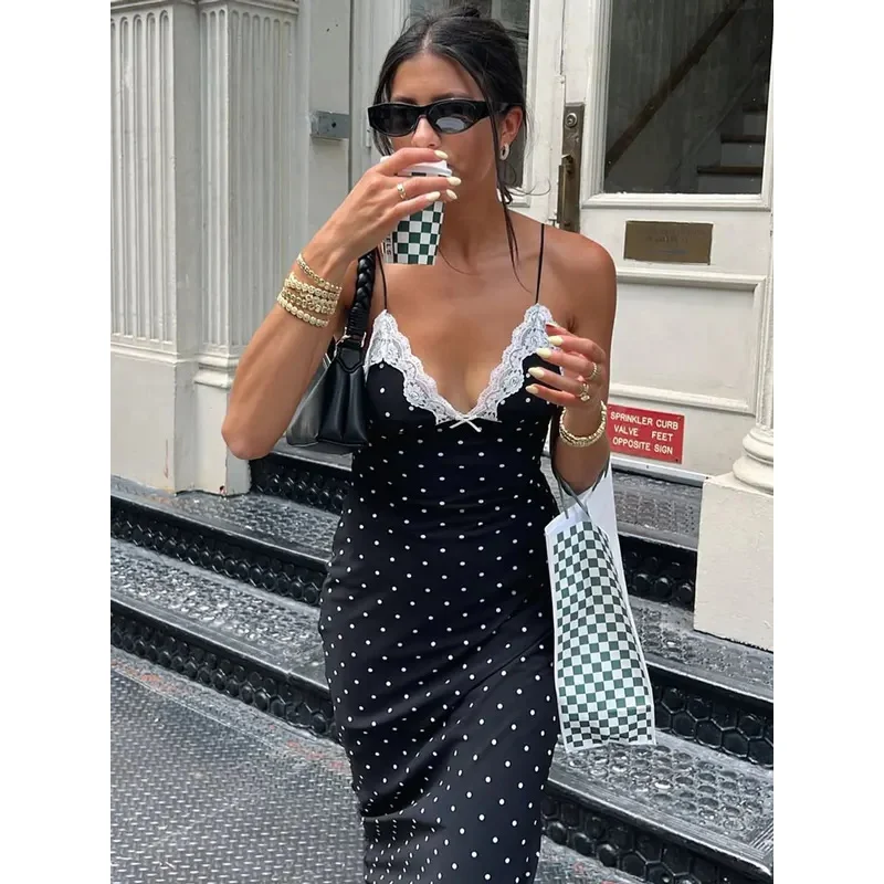 JINIA 레이스 v 넥 패치 워크 맥시 드레스 여성 백리스 하이 웨이스트 슬림 스파게티 대비 파티 드레스 여성 봄 롱 드레스