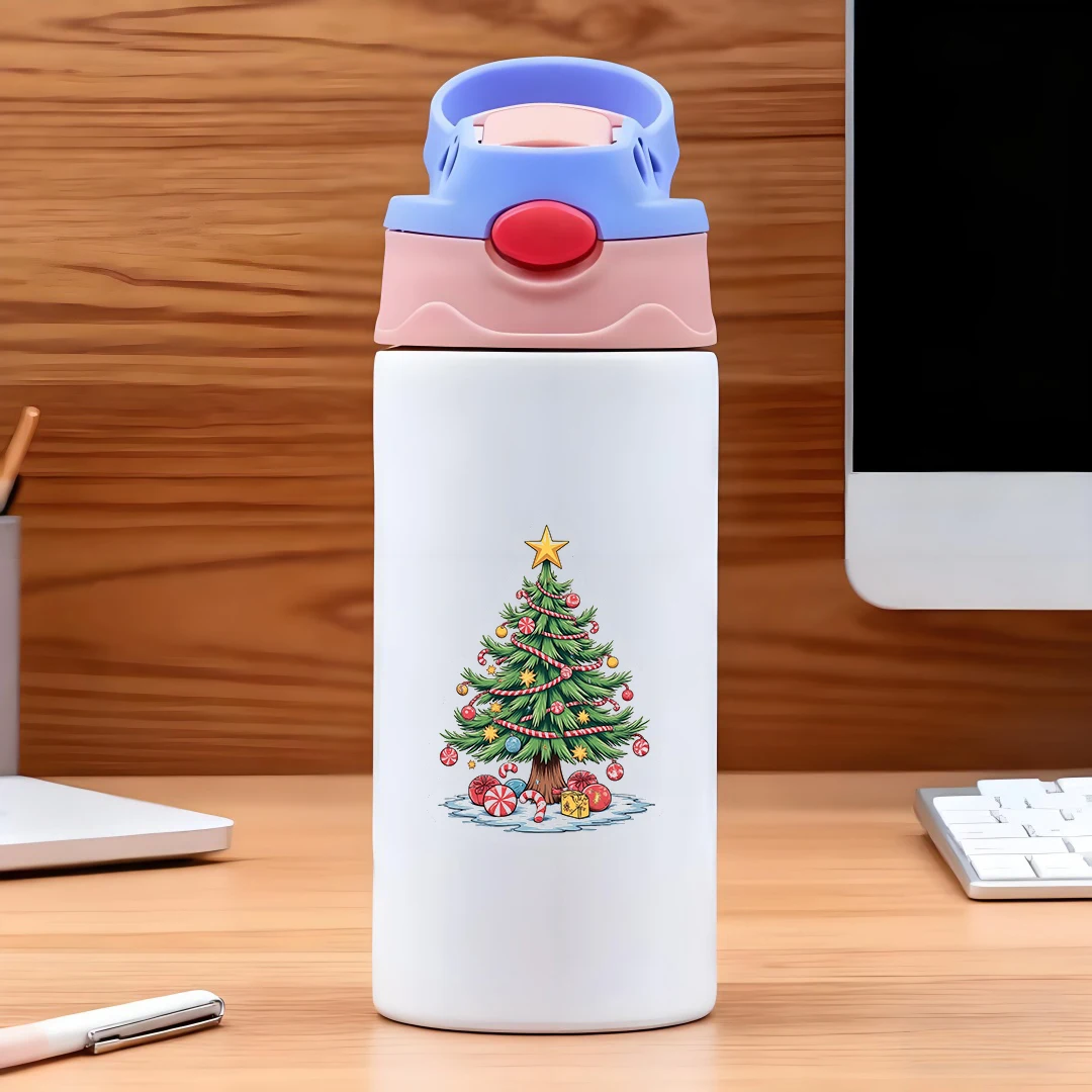 Botol minum stainless steel 304 motif pohon Natal kartun, botol sedotan anak-anak, botol portabel, hadiah liburan Natal, produk baru Natal