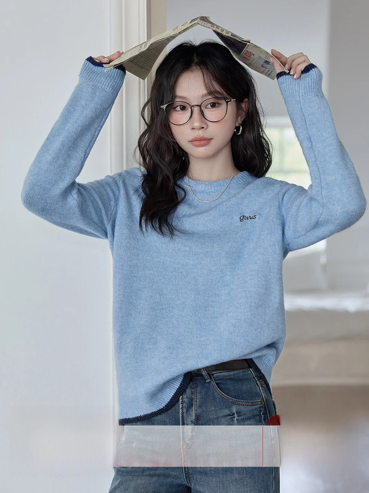 

HuiXi Blue Knitted Sweater Women's Loose Sli round Ne Top Autumn Winter New Arrival Age-defng Faionable Casual Wear